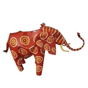 Hand Crafted in Zimbabwe Tin Hand Painted Red Yellow Peach Elephant Sculpture